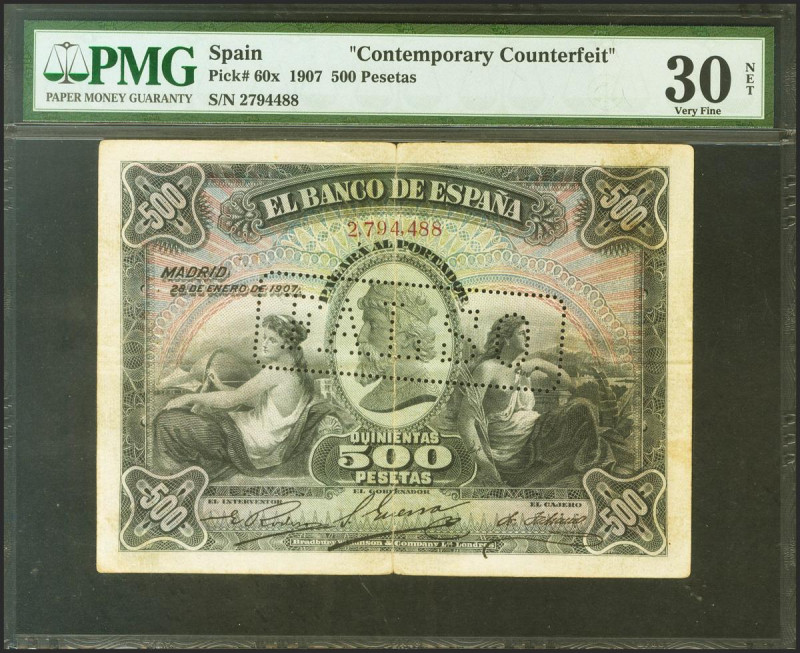 500 Pesetas. 28 de Enero de 1907. Falso de época. Sin serie y perforado FALSO. (...