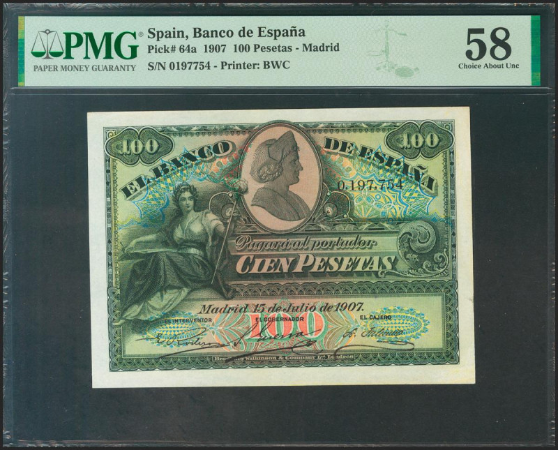 100 Pesetas. 15 de Julio de 1907. Sin serie. (Edifil 2021: 320, Pick: 64a). Inus...