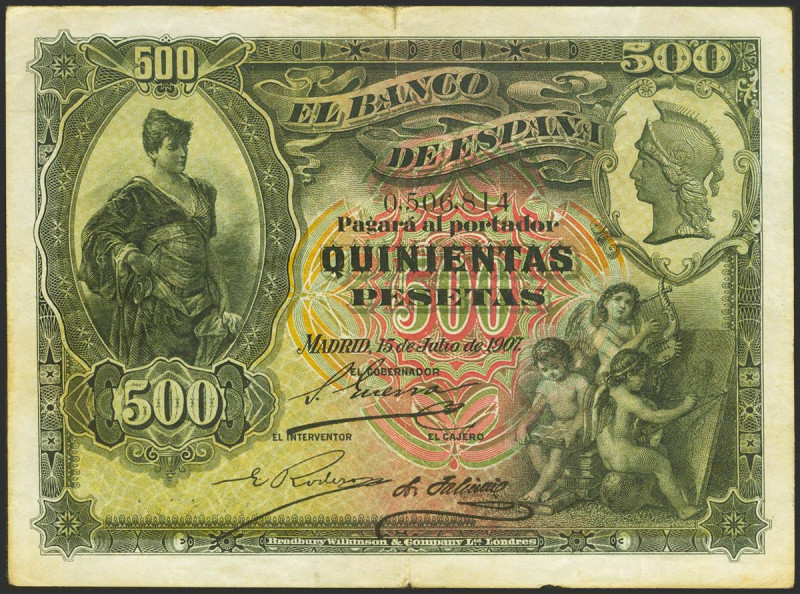 500 Pesetas. 15 de Junio de 1907. Sin serie. (Edifil 2021: 321). Inusual, especi...