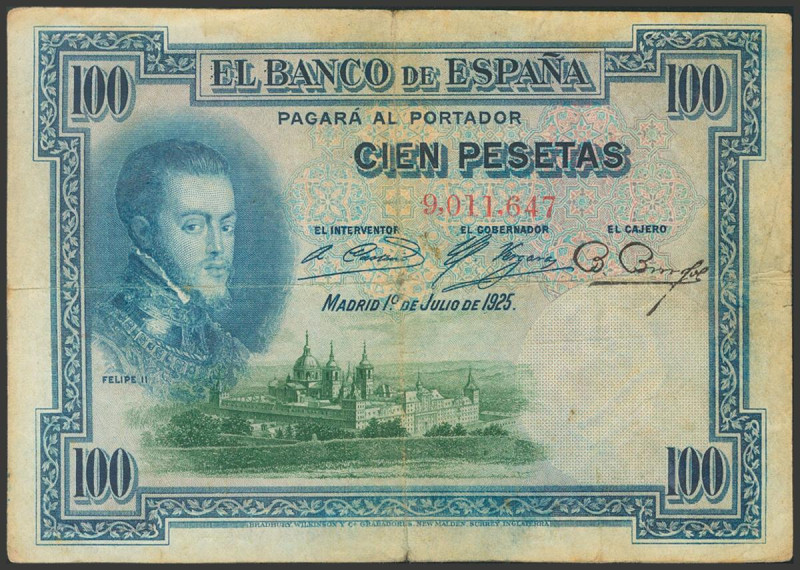 100 Pesetas. 1 de Julio de 1925. Sin serie. (Edifil 2017: 323). BC+.