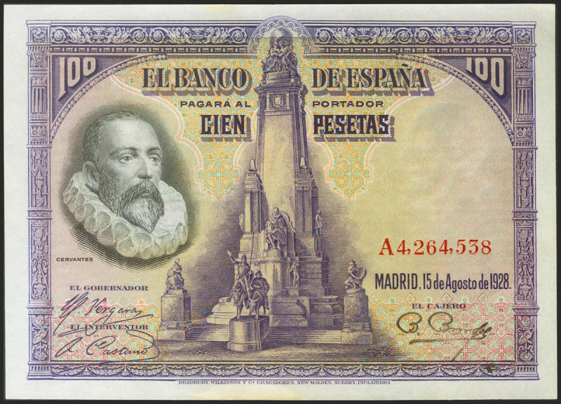 100 Pesetas. 15 de Agosto de 1928. Serie A. (Edifil 2021: 355a). Apresto origina...