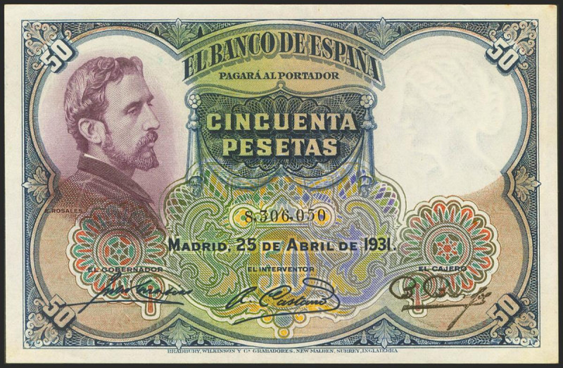 50 Pesetas. 25 de Abril de 1931. Sin serie. (Edifil 2021: 359). Conserva parte d...