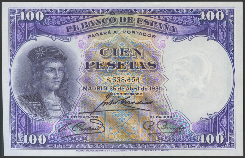 100 Pesetas. 25 de Abril de 1931. Sin serie. (Edifil 2017: 360). Conserva todo s...