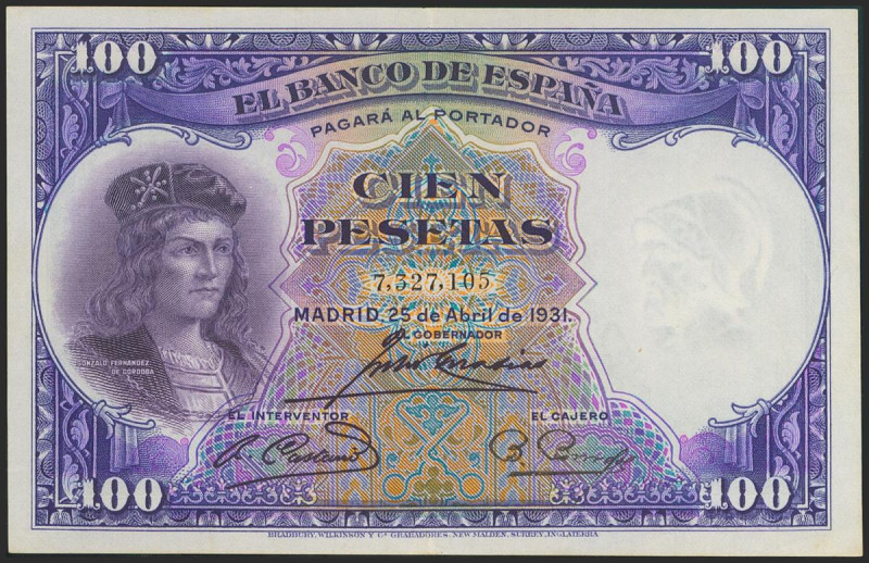 100 Pesetas. 25 de Abril de 1931. Sin serie. (Edifil 2021: 360). Apresto origina...