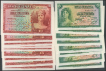 Conjunto de 9 series completas de los billetes correlativos de 5 Pesetas y 10 Pesetas emitidos en 1935, con las series C y A, respectivamente. (Edifil...