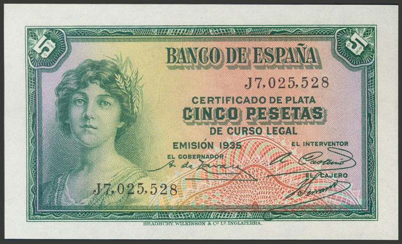 5 Pesetas. 1935. Certificado de Plata. Serie J. (Edifil 2017: 363b). Conserva to...