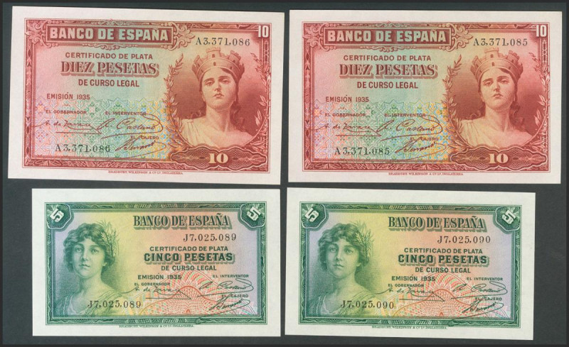 Conjunto de 2 parejas correlativas de 5 Pesetas y 10 Pesetas emitidas en 1935 y ...