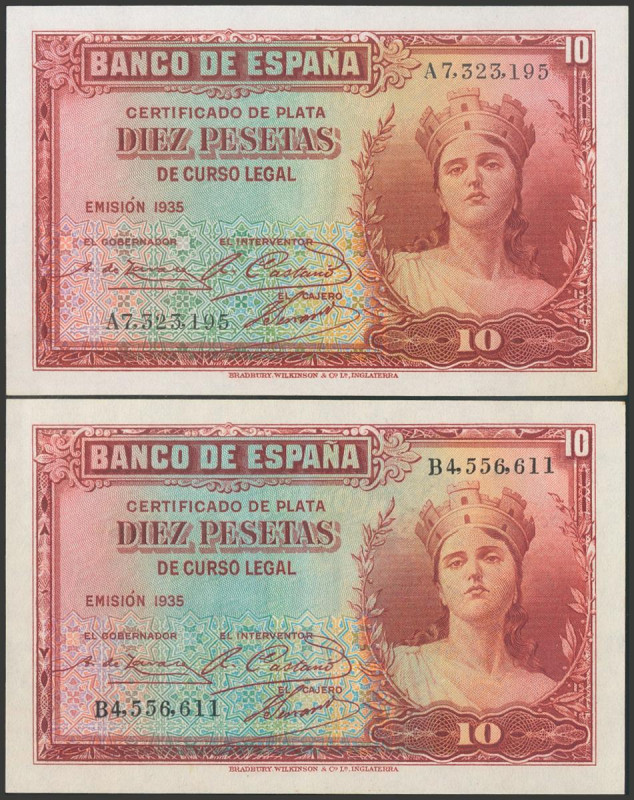 Conjunto de 2 billetes de 10 Pesetas Certificado de Plata emitidos en 1935, con ...