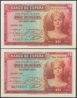 Conjunto de 2 billetes de 10 Pesetas Certificado de Plata emitidos en 1935, con las series A y B, respectivamente. (Edifil 2021: 364a), conservando to...