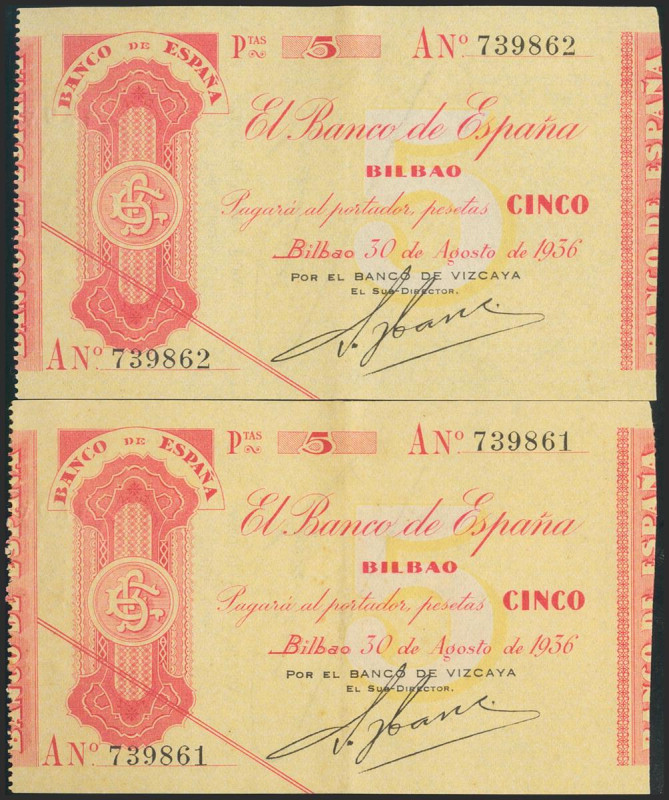 5 Pesetas. 30 de Agosto de 1936. Pareja correlativa. Sucursal de Bilbao. Antefir...