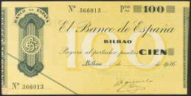 100 Pesetas. 1936. Sin serie. Sucursal de Bilbao y antefirma Banco del comercio. (Edifil 2021: 371c). Inusual en esta calidad. EBC.