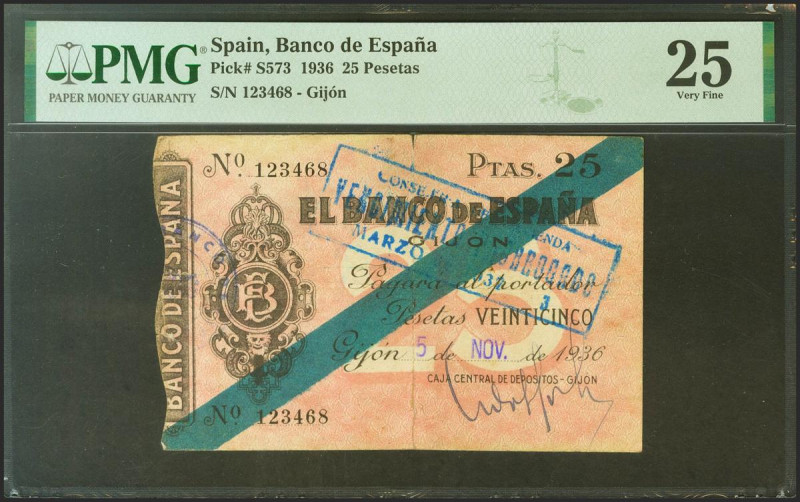 25 Pesetas. 5 de Noviembre de 1936. Sucursal de Gijón. Sin serie. (Edifil 2021: ...