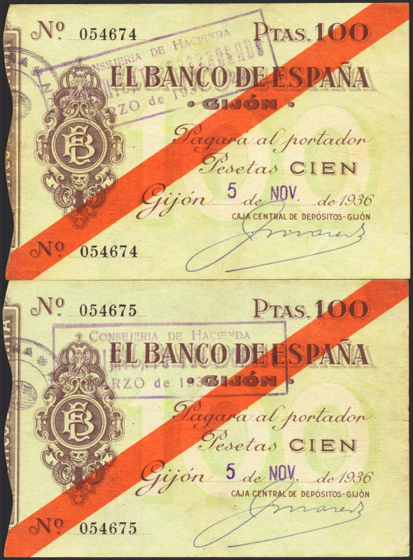 100 Pesetas. 5 de Noviembre de 1936. Sucursal de Gijón. Pareja correlativa. Sin ...