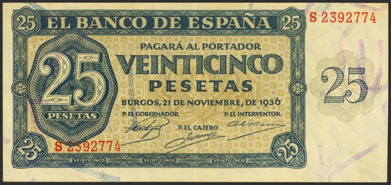 25 Pesetas. 21 de Noviembre de 1936. Serie S, última serie emitida. (Edifil 2021...