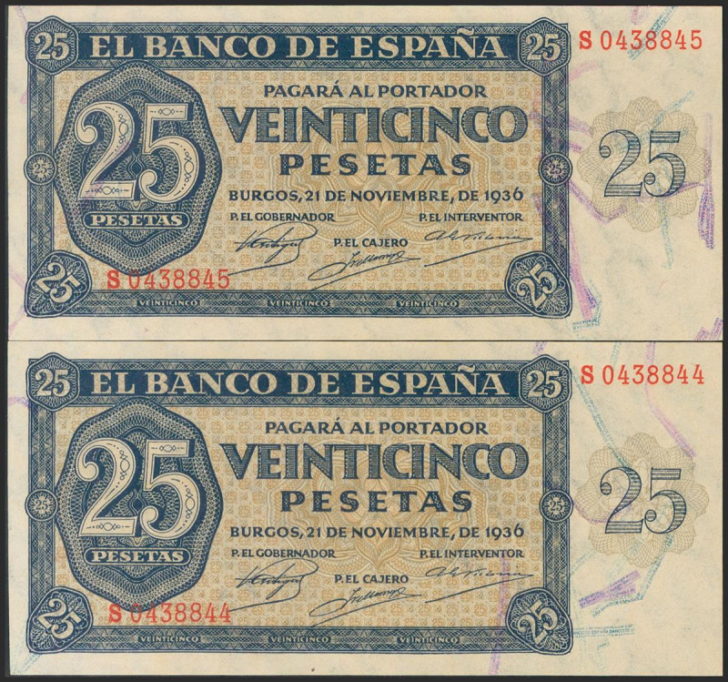 25 Pesetas. 21 de Noviembre de 1936. Pareja correlativa. Serie S, última serie e...