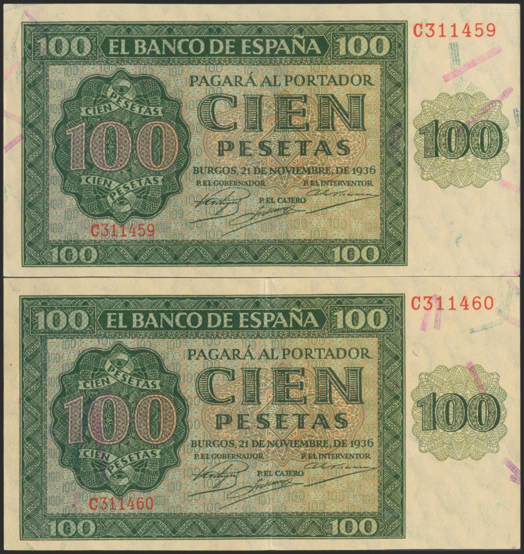 100 Pesetas. 21 de Noviembre de 1936. Pareja correlativa. Serie C. (Edifil 2017:...