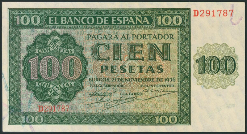 100 Pesetas. 21 de Noviembre de 1936. Serie D. Verdaderamente invisible doblez v...