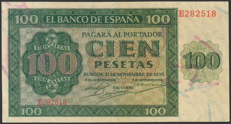 100 Pesetas. 21 de Noviembre de 1938. Serie E. (Edifil 2017: 421a). Conserva gra...