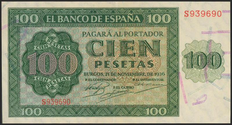 100 Pesetas. 21 de Noviembre de 1936. Serie S. (Edifil 2021: 421a). Conserva gra...