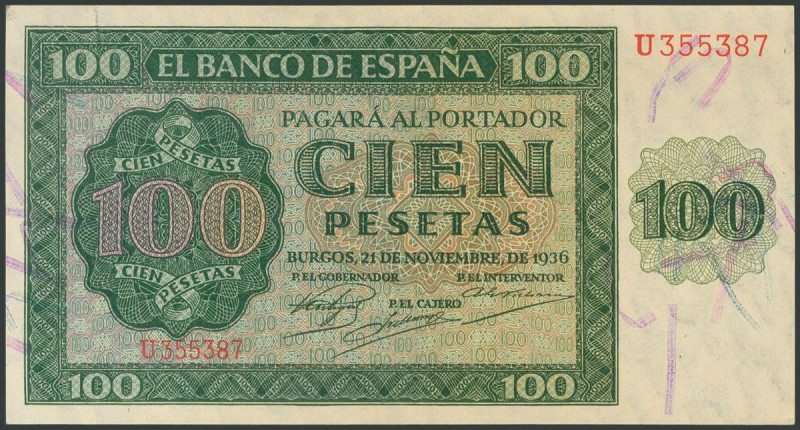 100 Pesetas. 21 de Noviembre de 1936. Serie U. (Edifil 2017: 421a). Apresto orig...