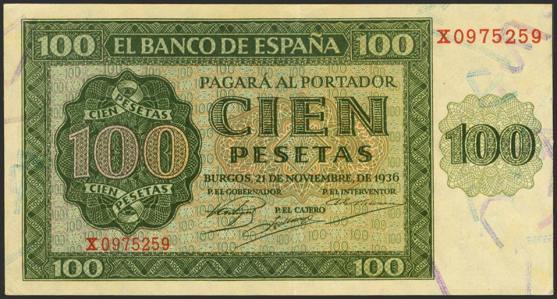 100 Pesetas. 21 de Noviembre de 1936. Serie X, última serie emitida. (Edifil 202...