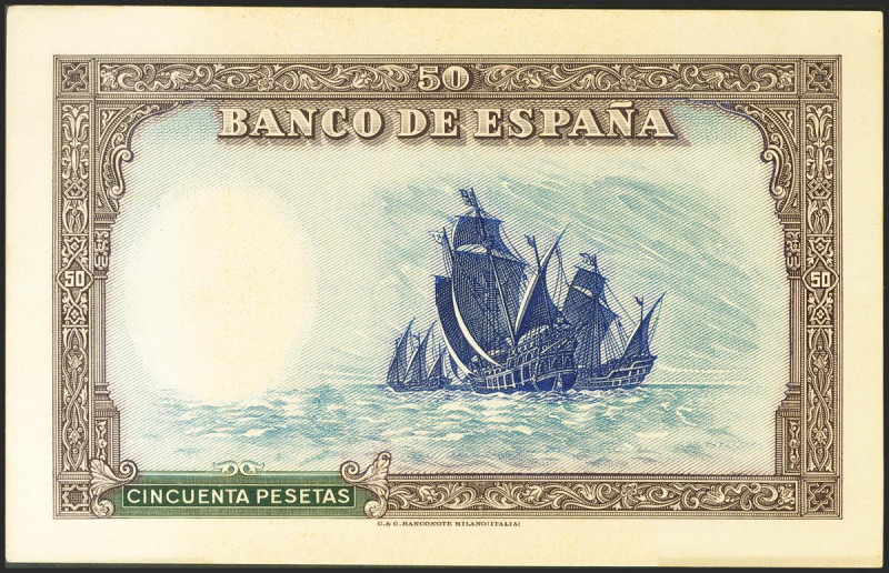 Prueba del anverso sin la viñeta del personaje de un billete no emitido de la im...