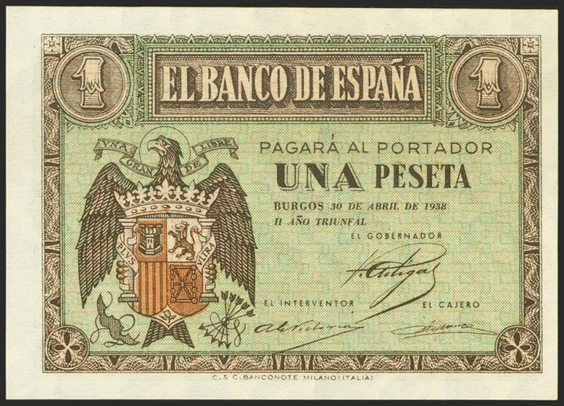 1 Peseta. 30 de Abril de 1938. Serie C. (Edifil 2021: 428a). Apresto original. S...