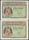 1 Peseta. 30 de Abril de 1938. Pareja correlativa. Serie C. (Edifil 2021: 428a). Apresto original. SC/SC-.