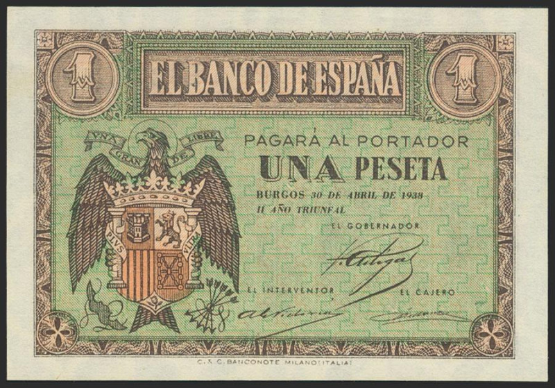 1 Peseta. 30 de Abril de 1938. Serie I. (Edifil 2021: 428a). Apresto original. S...