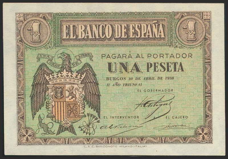 1 Peseta. 30 de Abril de 1938. Serie L. (Edifil 2021: 428a). Apresto original. S...