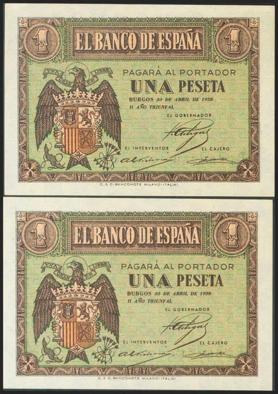 1 Peseta. 30 de Abril de 1938. Pareja correlativa. Serie L. (Edifil 2021: 428a)....