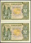 2 Pesetas. 30 de Abril de 1938. Pareja correlativa. Serie C. (Edifil 2021: 429a). Conserva todo su apresto original. SC-.