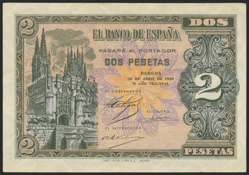 2 Pesetas. 30 de Abril de 1938. Serie D. (Edifil 2021: 429a). Apresto original. ...