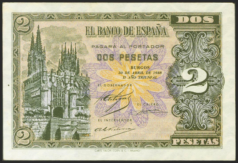 2 Pesetas. 30 de Abril de 1938. Serie E. (Edifil 2021: 429a). Apresto original. ...