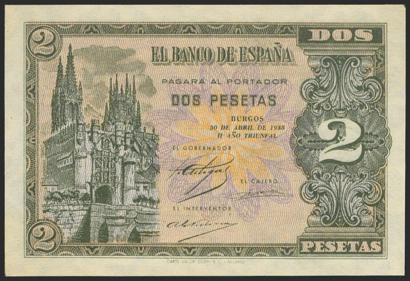 2 Pesetas. 30 de Abril de 1938. Serie F. (Edifil 2021: 429a). Apresto original. ...