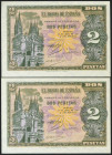2 Pesetas. 30 de Abril de 1938. Pareja correlativa. Serie M. (Edifil 2021: 429a). Apresto original. SC.