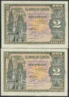 2 Pesetas. 30 de Abril de 1938. Pareja correlativa. Serie M. (Edifil 2021: 429a). Apresto original. SC/SC-.