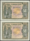 2 Pesetas. 30 de Abril de 1938. Pareja correlativa. Serie N, última serie emitida. (Edifil 2021: 429a). Apresto original. SC/SC-.