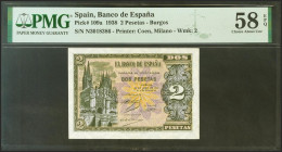 2 Pesetas. 30 de Abril de 1938. Serie N, última serie emitida. (Edifil 2021: 429a, Pick: 109a). Apresto original. EBC.+++ Encapsulados PMG58EPQ.