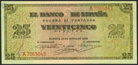 25 Pesetas. 20 de Mayo de 1938. Serie A. (Edifil 2021: 430). Conserva gran parte de su apresto original. EBC+.