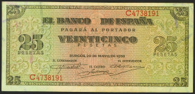 25 Pesetas. 20 de Mayo de 1938. Serie C. (Edifil 2021: 430a). Conserva gran parte de su apresto original, el doblez central sólo puede ser apreciado c...