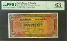 50 Pesetas. 20 de Mayo de 1938. Serie E, última serie emitida. (Edifil 2021: 431a, Pick: 112a). Inusual. SC. Encapsulado PMG63.