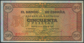 50 Pesetas. 20 de Mayo de 1938. Serie E, última serie emitida. (Edifil 2017: 431a). Apresto original, esquinas izquierdas redondeadas". SC-."