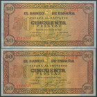 50 Pesetas. 20 de Mayo de 1938. Pareja correlativa. Serie E. (Edifil 2017: 431a). Conserva todo su apresto original, pareja de gran atractivo. EBC+.