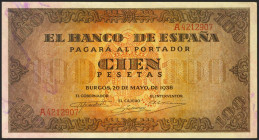 100 Pesetas. 20 de Mayo de 1938. Serie A. (Edifil 2021: 432). Conserva gran parte de su apresto original. EBC+.