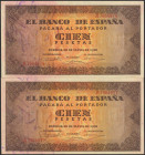 100 Pesetas. 20 de Mayo de 1938. Banco de España, Burgos, pareja casi correlativa. Serie A. Apresto original. (Edifil 2017: 432). EBC+.