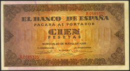100 Pesetas. 20 de Mayo de 1938. Serie A. (Edifil 2021: 432). Conserva gran parte del apresto original. EBC.