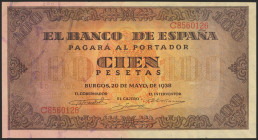 100 Pesetas. 20 de Mayo de 1938. Serie C. (Edifil 2021: 432a). Conserva gran parte del apresto original. EBC+.