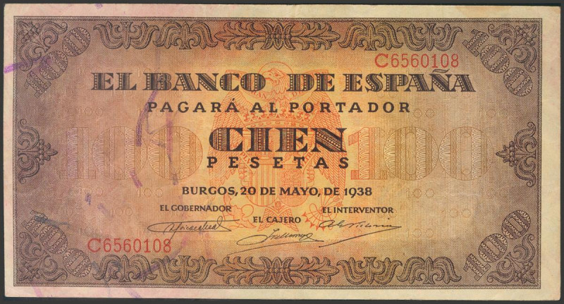 100 Pesetas. 20 de Mayo de 1938. Serie C. (Edifil 2017: 432a). Conserva parte de...