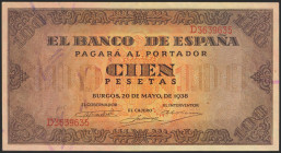 100 Pesetas. 20 de Mayo de 1938. Serie D. (Edifil 2021: 432a). Conserva gran parte del apresto original. EBC+.